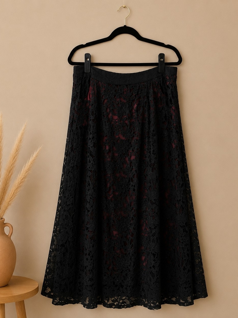 LuLaRoe Black Lace A-Line Skirt with Red Underlayer